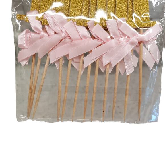 Baby Girl First Birthday Decorations Glitter Gold With Pink Bow Cupcake Toppers - Picture 4 of 5
